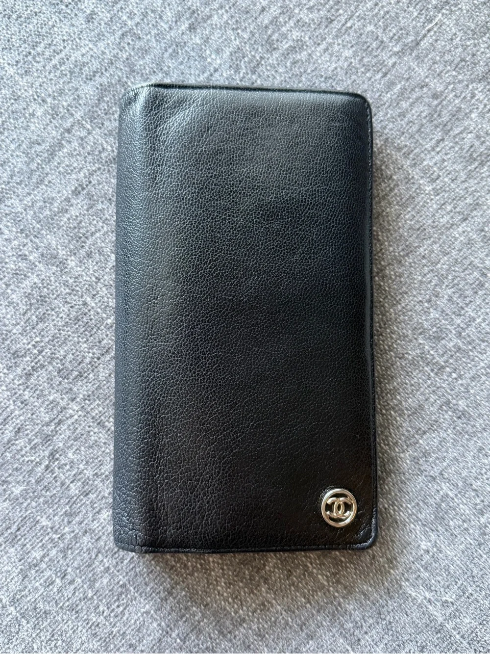 CHANEL Black Long Wallet Silver CC Logo